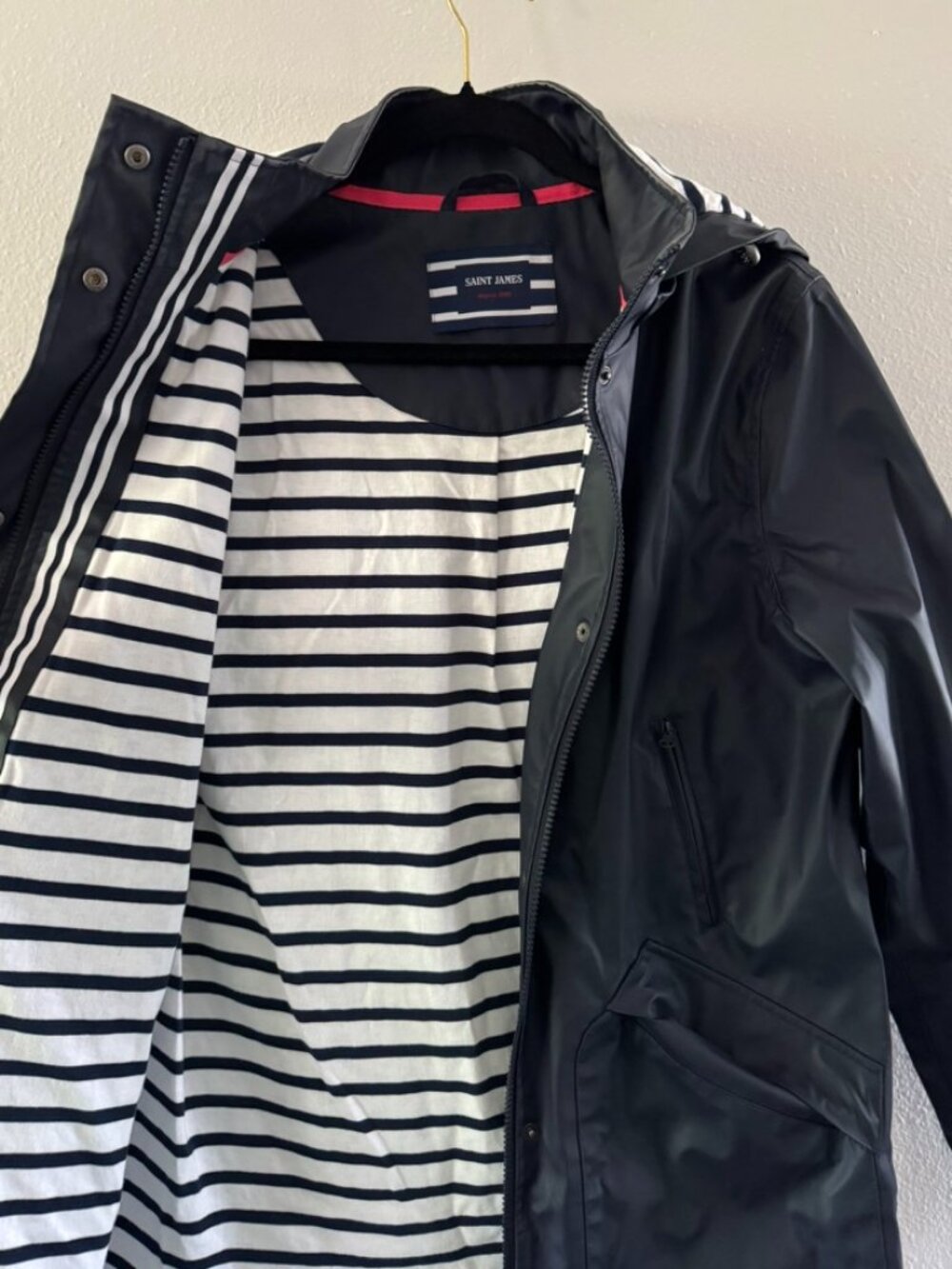 Saint James - Navy Rain Coat - Nautical with Pink Accents - Removable Hood